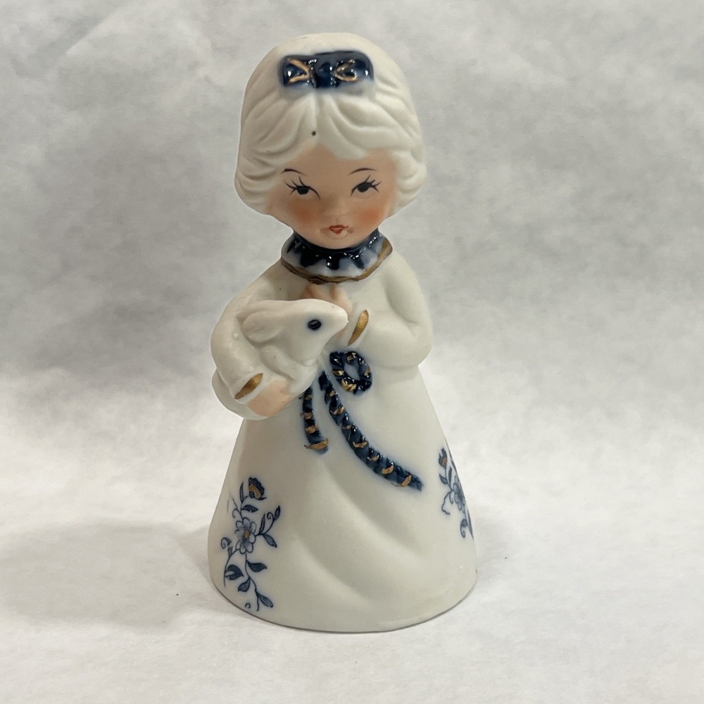 Vtg Jasco Merri Bell Girl Holding Bunny Rabbit‎ Porcelain  Bell Figurine 4.25"